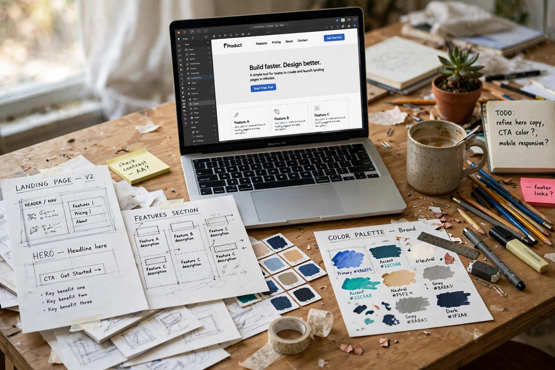Designer desk with landing-page wireframe sketches, color swatches, and a laptop draft